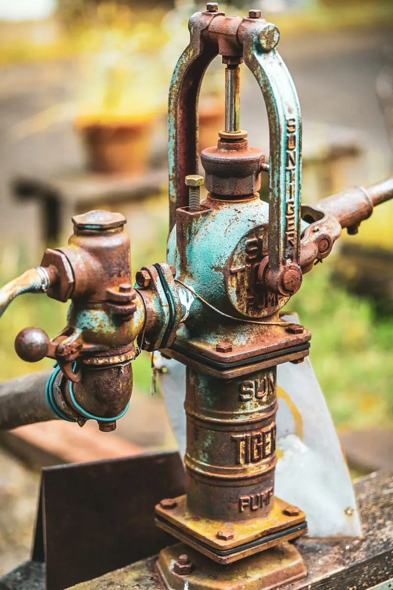 An old water pump with pipes and valves